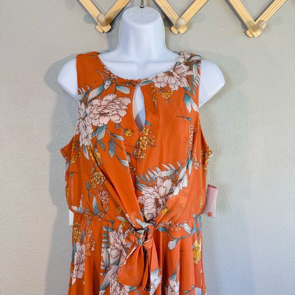 Signature Studio Sharkbite Hem Midi WMN Small Orange/White Floral  Dress Keyhole - Picture 4 of 9